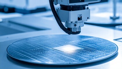 A robotic arm precisely places a microchip on a silicon wafer.
