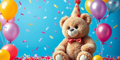 Adorable teddy bear in party hat amidst confetti & balloons, happy birthday card Blue background, pastel, adorable