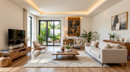 Fototapeta premium Modern and Bright Living Room with Elegant Furniture, Lush Greenery, and Natural Light for Stylish Interiors