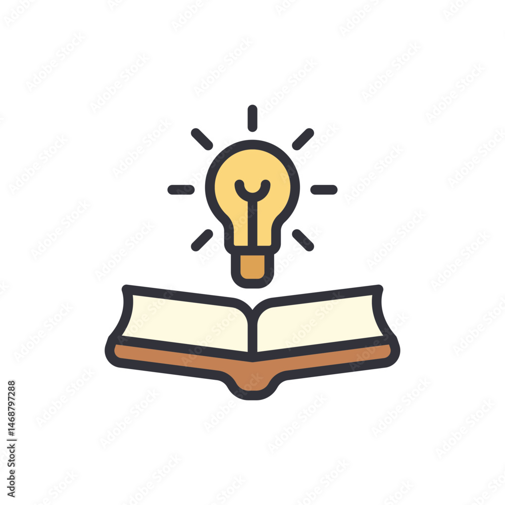Poster illuminating knowledge concept with a light bulb over open book icon