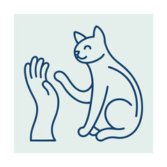 Playful cat giving a paw high five to a human hand in minimalist blue style