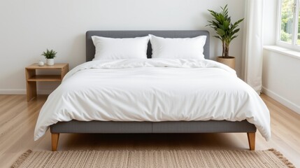 Modern Minimalist Bedroom with Stylish Bed and Cozy Decor in Bright, Airy Space