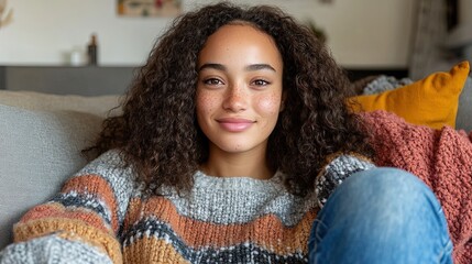 Confident young woman with vitiligo, relaxing on a cozy sofa, wearing a cozy sweater and jeans. 