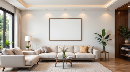Modern and Spacious Living Room with Neutral Tones and Elegant Decor Elements for Cozy Home Atmosphere