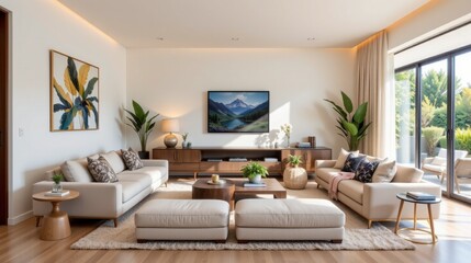 Modern and Elegant Living Room with Mountain Artwork and Natural Light