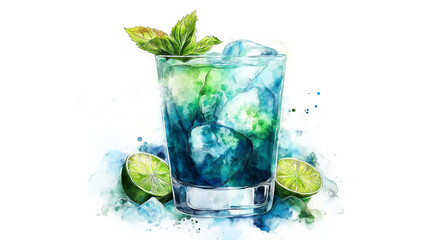 Watercolor Mojito Cocktail with Mint Leaves and Lime Slices