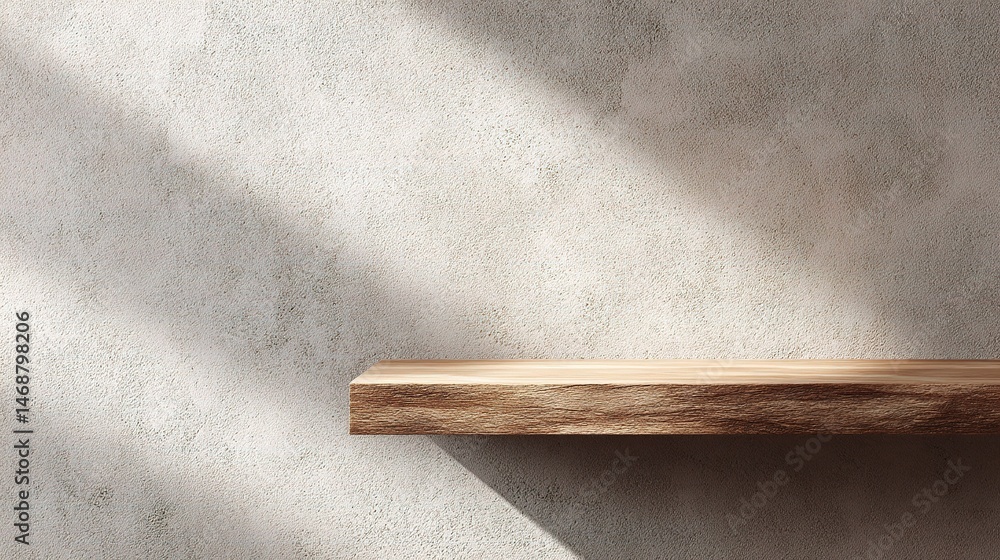 Poster empty floating shelf on cream textured plaster wall with shadows