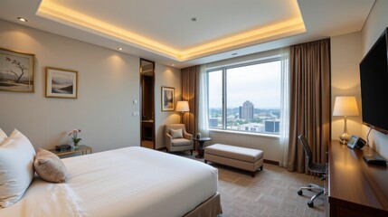 Modern hotel room with city view, elegant decor, and comfortable furnishings for relaxation and work
