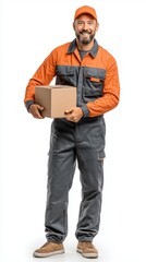 Professional worker holding a box, wearing an orange and black outfit.