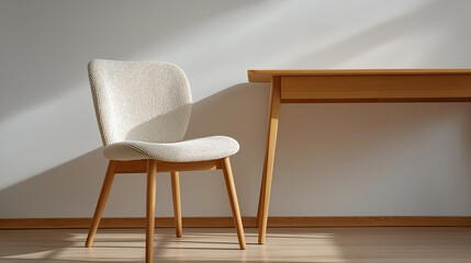 A single beige chair in a minimalist workspace
