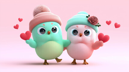 Obraz premium Cute Cartoon Lovebirds in Winter Hats Holding Hearts