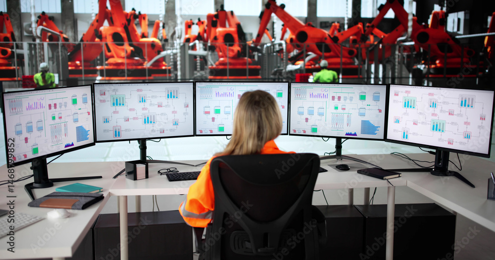 Poster female engineer controlling robotic assembly line