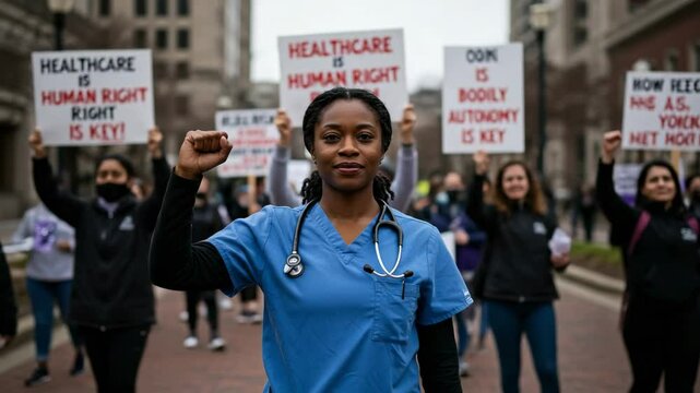 Empowering Protest for Healthcare Rights: Black Female Nurse Advocating for Health Equity in Urban Demonstration Amidst Large Crowd
