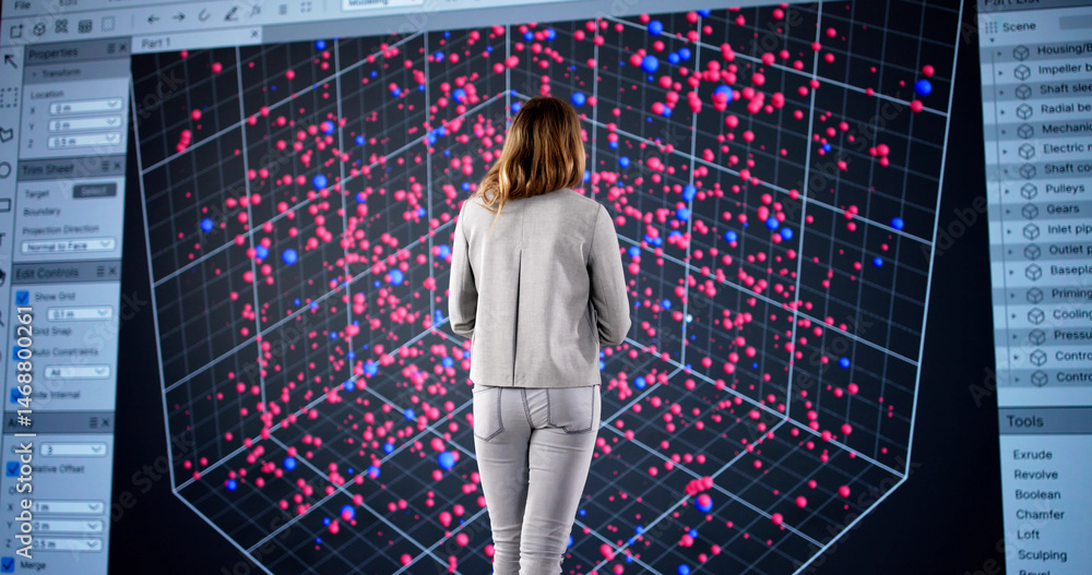 Poster the female analyst creating virtual 3d blueprints