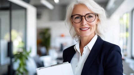 Sophisticated 45-year-old businesswoman standing in an elegant office, smiling warmly while holding a business file. 