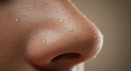 Fototapeta premium Close-up of a Sweaty Nose: Macro Photography of Human Skin with Water Droplets