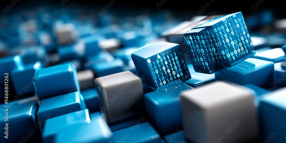 Aufkleber 3d rendering of blue glowing digital blocks in abstract composition