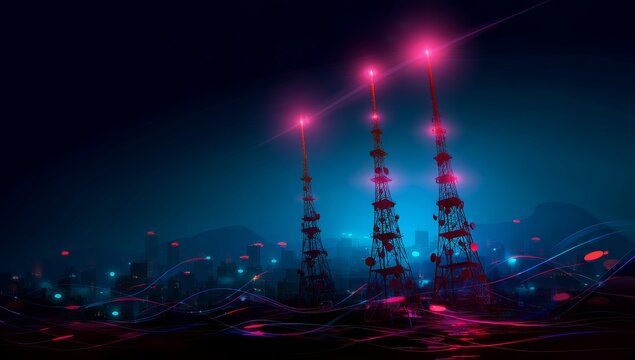 Futuristic Radio Towers with Neon Pink and Blue Light Beams Over Night City