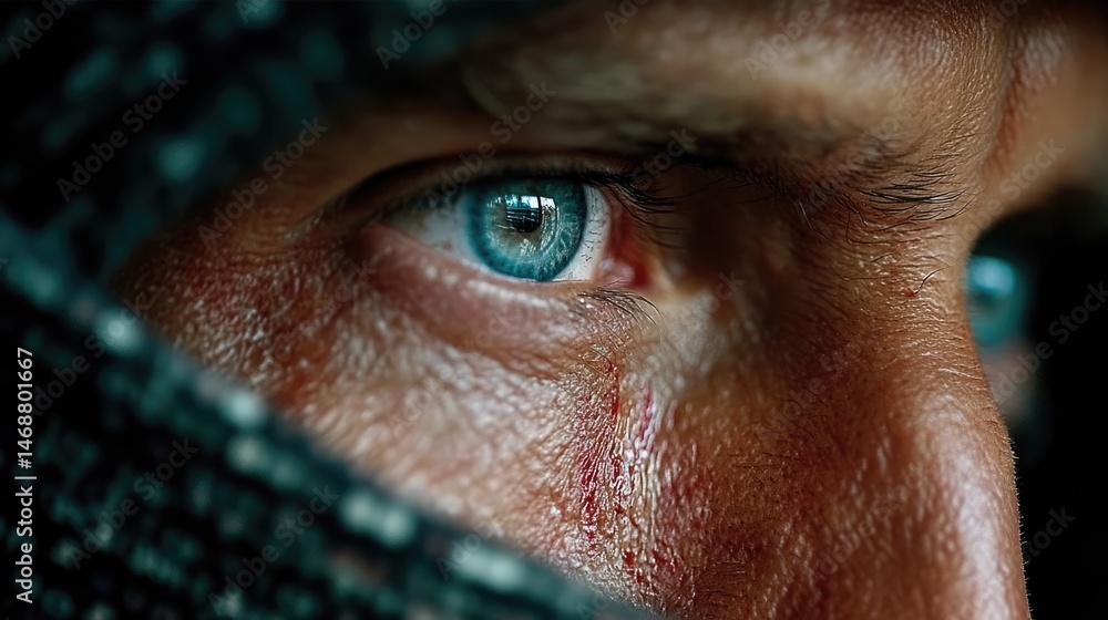 Poster hacker illuminated by glowing screen reflections urban setting close-up portrait intense mood