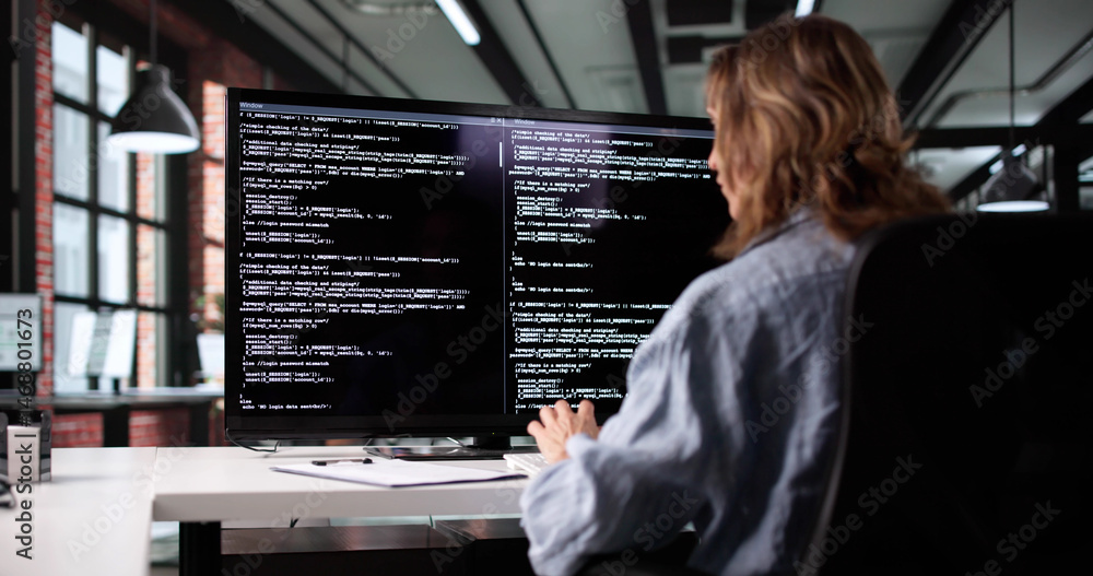 Poster Female Web Developer Innovates Code On Computer