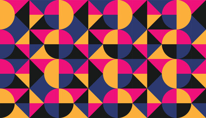 Retro geometric abstract background with vibrant colors and dynamic shapes in seamless repeat