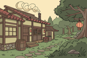 Fototapeta premium 110 fantasy asian rural pastoral village, traditional wooden house with lanterns, smoke coming from chimney, clay pots and pottery, lush greenery and cloudy sky, vibrant colors, detailed cinematic lig