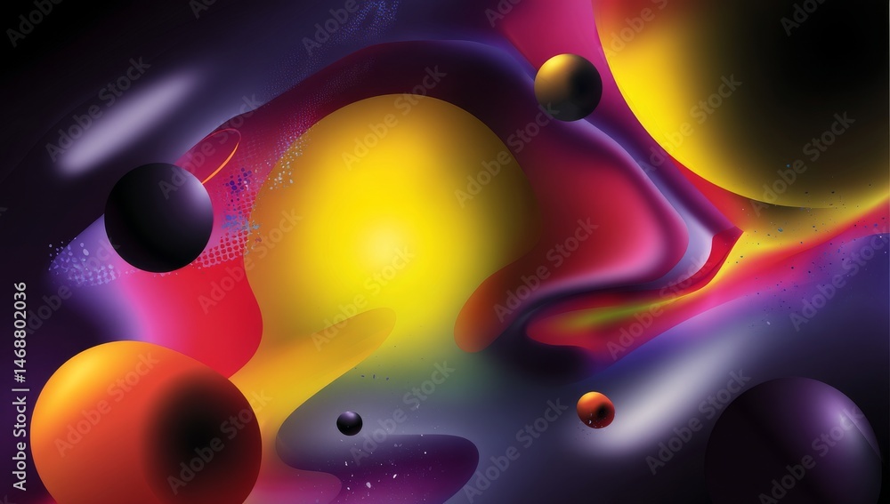 Poster vibrant cosmic abstract background with colorful wave patterns and floating planets, dreamy nebula e