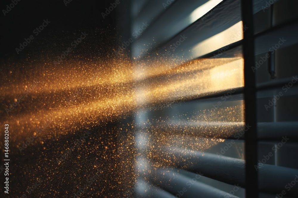Poster sunlight filters through blinds illuminating dust particles in a warm glow during late afternoon gen