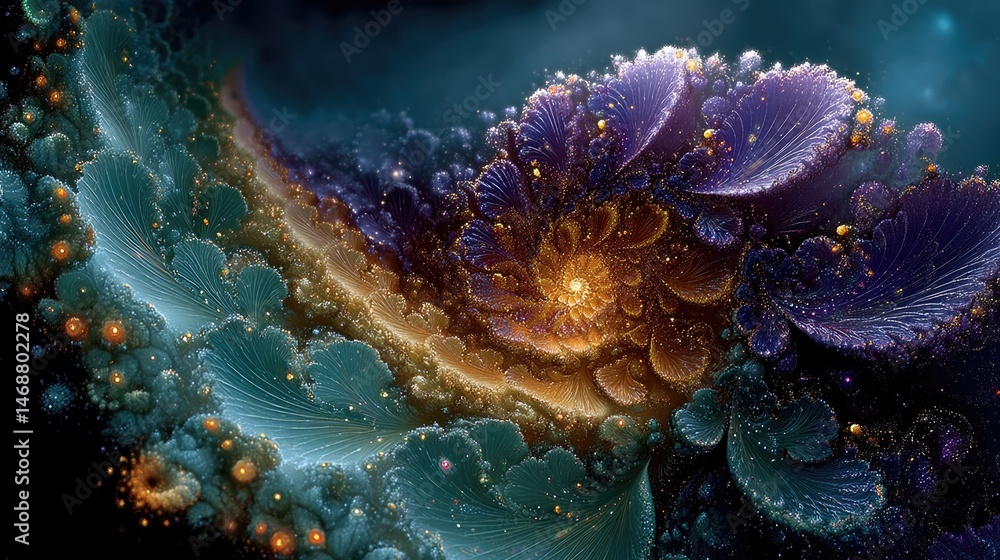 Poster fractal abstract art displaying vivid colors digital canvas surreal environment aesthetic viewpoint