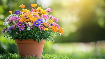 Naklejka premium Vibrant summer flower display in terracotta planter set against green lawn showcasing outdoor plant growth and gardening mood 
