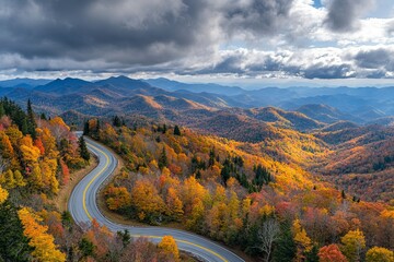 Winding road in an autumn forest, USA. Scenic fall foliage landscape in the Great Smoky Mountains National Park and the historic Cherohala Skyway curved asphalt highway. generative ai