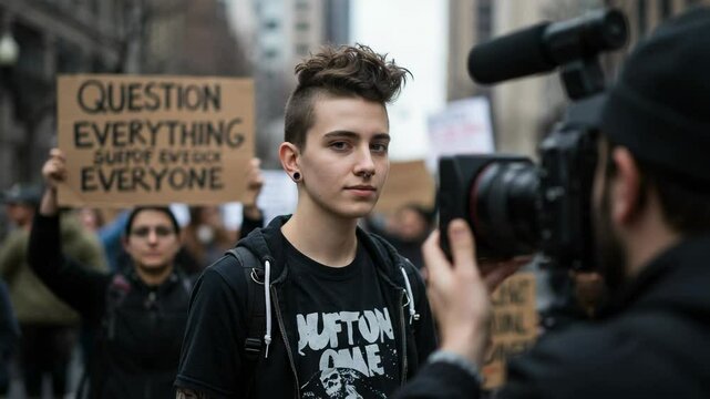 A young androgynous person with a punk hairstyle stands confidently in a crowd holding signs at a protest, advocating for questioning societal norms and valuing diverse perspectives.