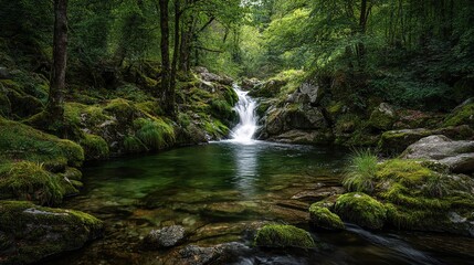 Obraz premium Serene Waterfall Cascading Through Lush Green Forest with Mossy Rocks