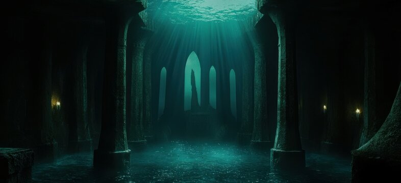 An underwater ancient ruin with illuminated columns and arched openings