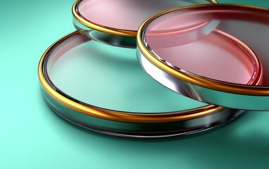 Macro of Interlocking Glass Rings - Iridescent Edge Glow on Light Blue Background with Swirling Abstract Transparency