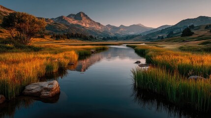 Serene nature landscape with river and mountains in tranquil evening light high-resolution view