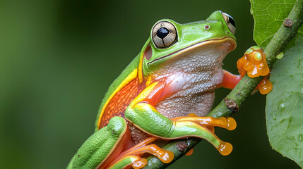 Vibrant Green And Orange Tree Frog On Branch