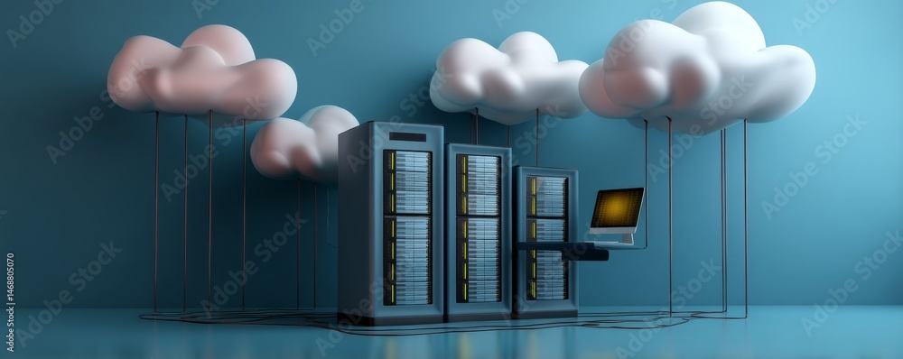 Poster 3d cloud illustration with computers and a server on a light blue background