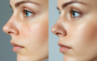 Obraz premium Woman with dry skin on the face before and after treatment, close-up. Set of two images. Images before and after therapy for skincare concept. Stock photo, contest winner, generative ai