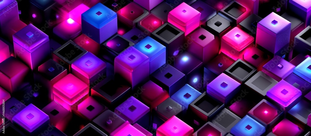 Poster minimalist neon background with glowing cubes and blocks