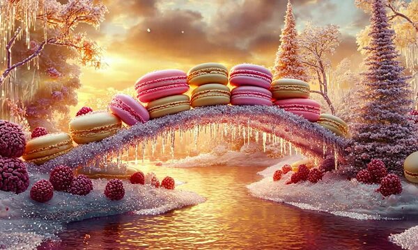 A whimsical landscape featuring a bridge made of colorful macarons, surrounded by frosty trees and a shimmering river at sunset, creating a magical dessert scene
