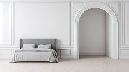 Elegant bedroom interior with archway, minimalist design.