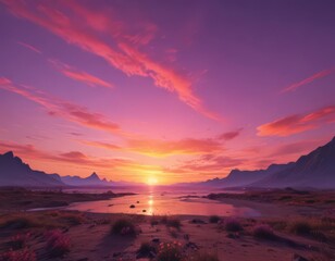 Fototapeta premium Fiery sunset paints the sky with vibrant orange, pink, and purple hues , shadow, beauty, heavenly sunset