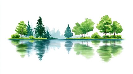Serene Lake and Woodland Reflection Watercolor - Tranquil watercolor painting of trees reflected in a calm lake, symbolizing peace, nature, harmony, serenity, and reflection