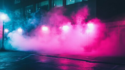 Fototapeta premium Dramatic spotlights cutting through the smoke on a lively street.