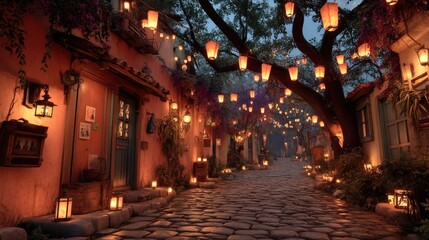 Fototapeta premium Magical night in enchanted village glowing lanterns illuminate cobblestone streets serene atmosphere