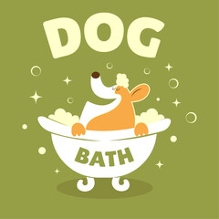 Playful vector of a happy dog enjoying a bath in a tub. Perfect for pet grooming services, dog care, or kids’ content.