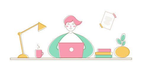 Minimal vector of a person working on a laptop with coffee, books, lamp, and plant. Great for remote work, freelancing, education, and productivity content.