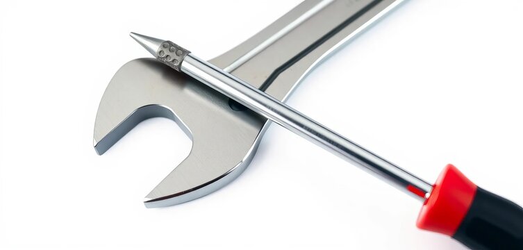 Close-up of a wrench and screwdriver crossed, isolated on white, simple, construction