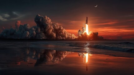 Dramatic spacecraft launch over ocean horizon captured at twilight stunning reflection awe-inspiring scene